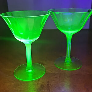 Lot of 2 Vintage Uranium Glass Stemmed Wine Goblets Glows Under 395 365